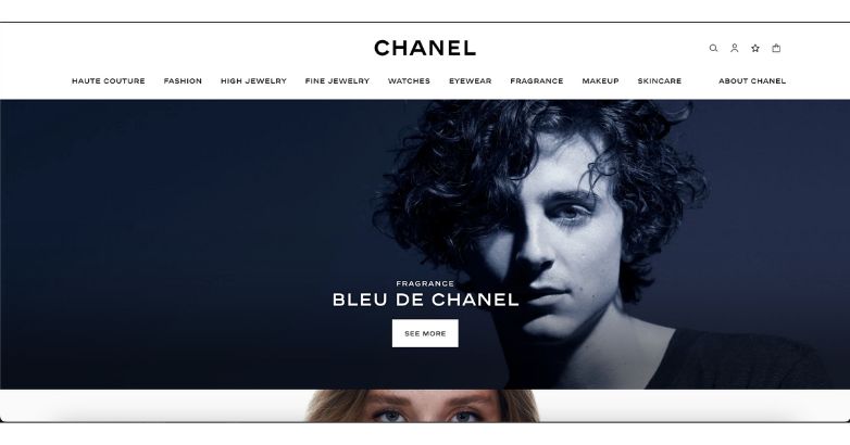 Chanel website showcasing Bleu de Chanel fragrance with minimalist design