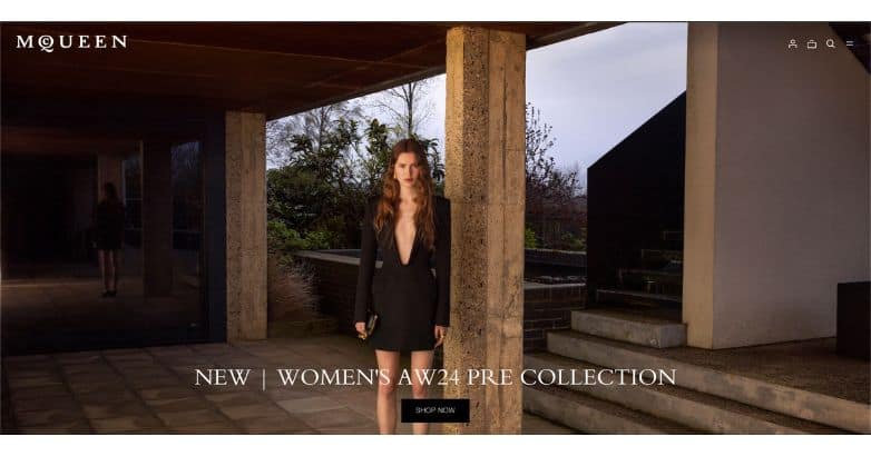 Alexander McQueen website with dramatic visuals and moody aesthetic for Women's AW24 Pre Collection