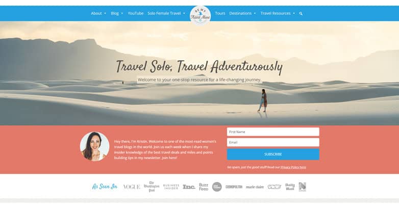 Be My Travel Muse website with serene desert image and elegant navigation