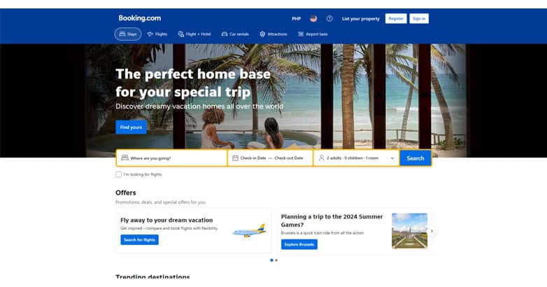 Booking.com website with clean, user-friendly travel design, and navigation menus.