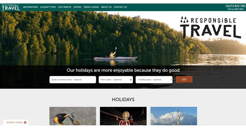 Responsible Travel website with nature image, straightforward navigation, user-friendly design