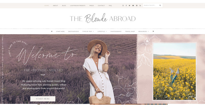 The Blonde Abroad website with serene imagery, calm design, and user-friendly navigation
