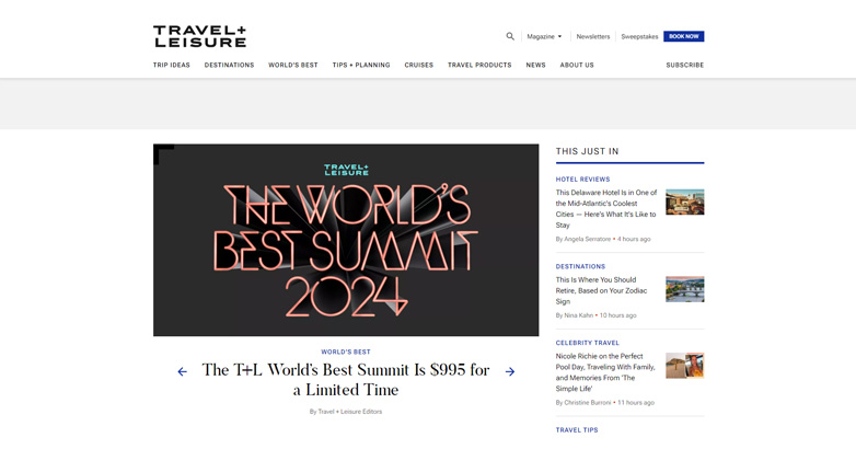 Travel + Leisure homepage with vivid imagery, clean navigation, and simple design