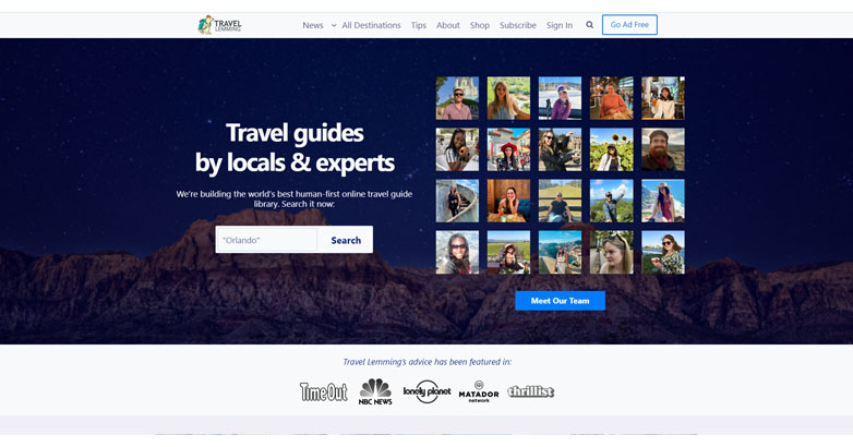 Travel Lemming homepage with traveler photo collage, bold headline