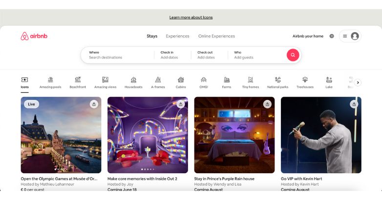 The elegant website of Airbnb with central search bar, friendly categories, and high-quality images.
