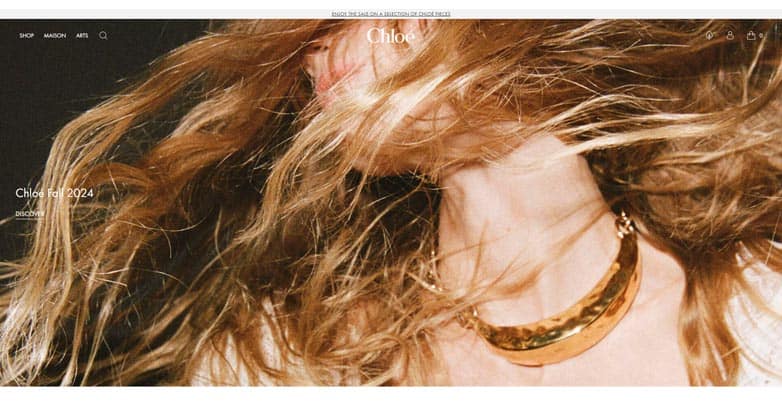 The Chloé website features image of model, friendly navigation, and contemporary fashion web design