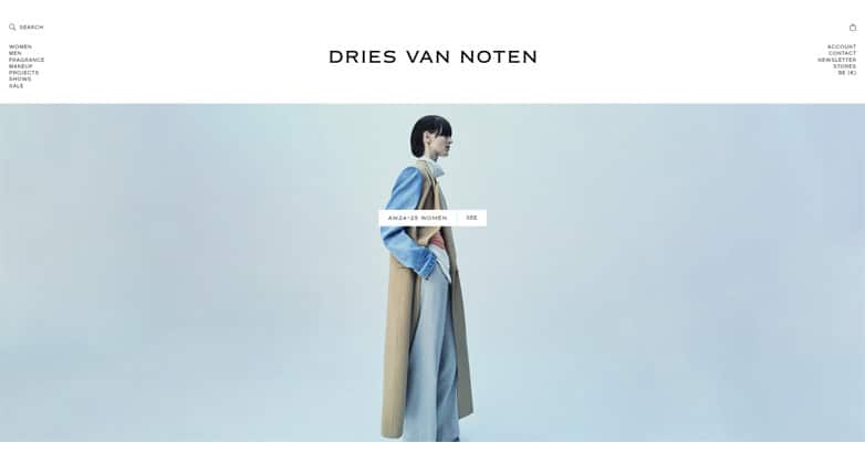 Minimalist website of the Dries Van Noten features vivid colors, clean navigation menu, and modern layout