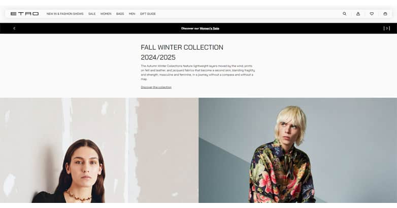 The Etro website showcases the lates collection with high-quality imagery, vivid backdrop and easy navigation menu with luxurious modern web design