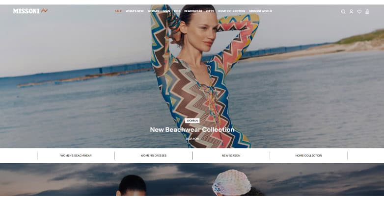 The Missoni website features joyful imagery, colorful patterns and clean navigation menu with luxury fashion web design