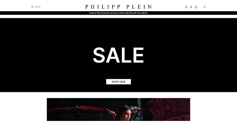 The Philipp Plein website highlights bold homepage image featuring models with dark theme and aesthetic design