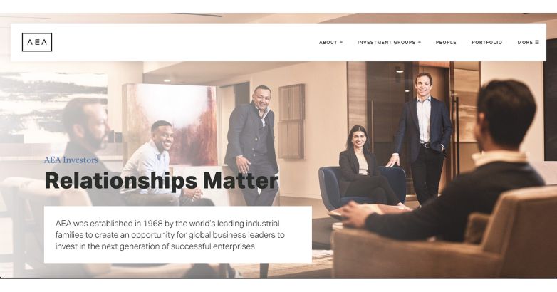 AEA Investors Private Equity Website Design showcasing a team meeting with the text "Relationships Matter" and a brief company description.