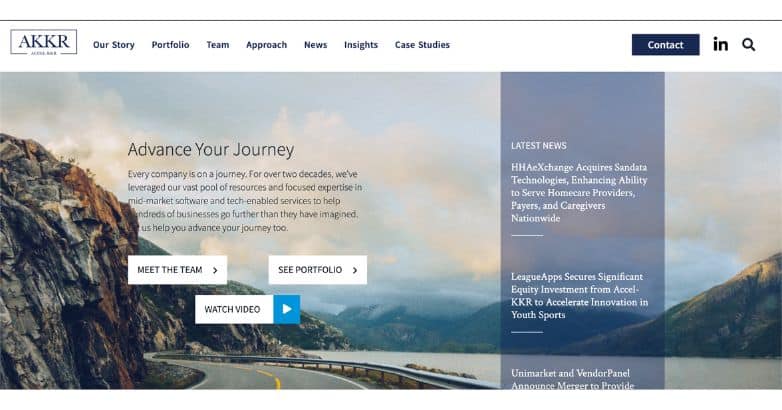 The homepage of Accel-KKR features a winding road surrounded by cliffsides.