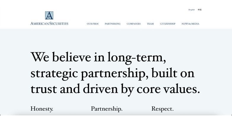 American Securities Private Equity Website Design highlighting a core values statement with the text "We believe in long-term, strategic partnership.