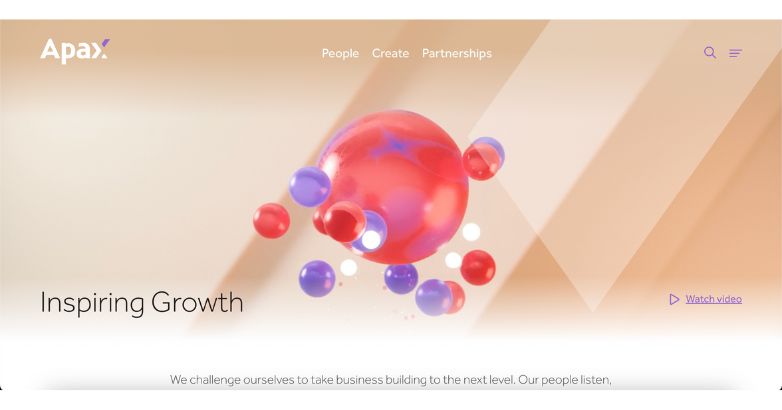 Apax Partners Private Equity Website Design featuring a floating sphere with the text "Inspiring Growth