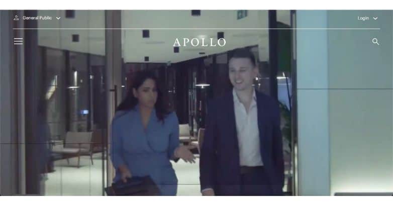 Apollo Global Management website shows a clear overview of services offered.