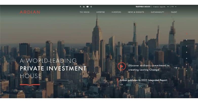 Ardian Private Equity Website Design showing the New York City skyline with the text "A World-Leading Private Investment House.