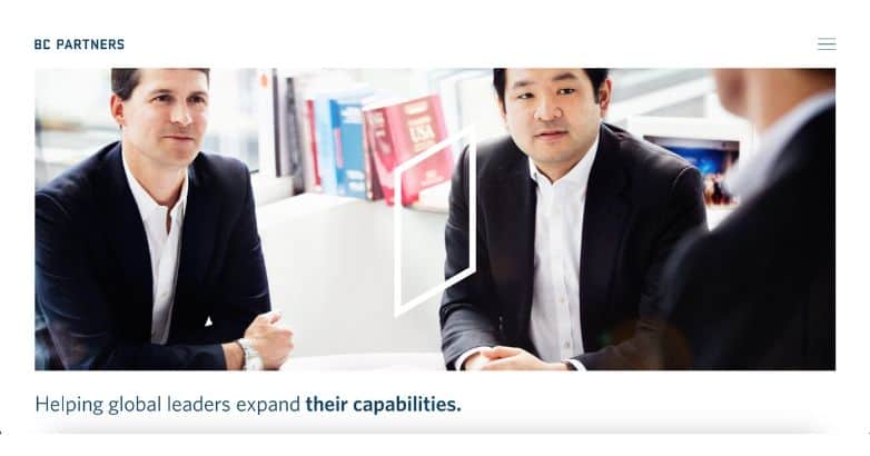 BC Partners private equity website featuring a professional design with an image of business professionals in a modern office