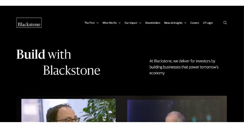 Blackstone's website showcases a full-screen carousel of short videos on the homepage.