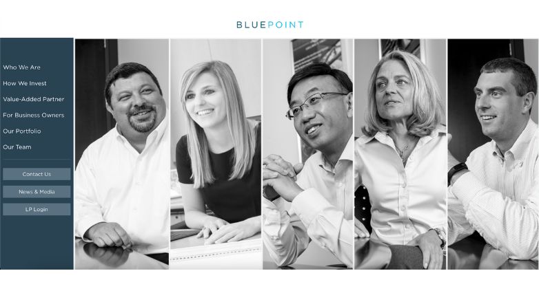 Blue Point Capital Partners website showcasing a minimalist design with high-quality black-and-white portraits of team members