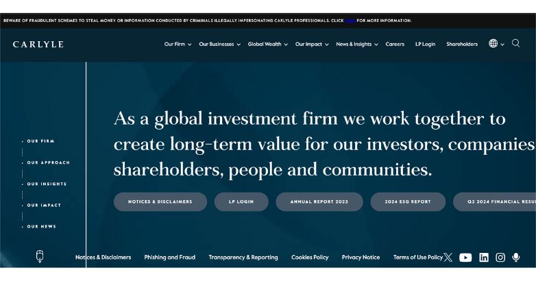 The Carlyle Group's website, features an effective color palette and animated elements.