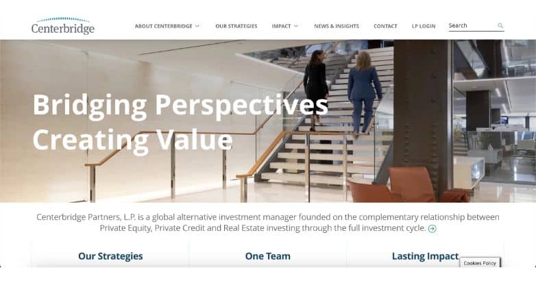 Centerbridge Partners private equity website featuring a clean, modern design with a high-resolution video of professionals in a sleek office