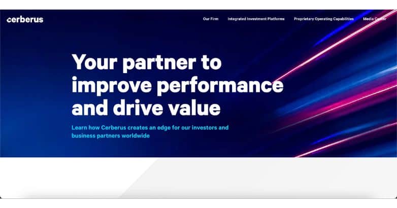 Cerberus Capital Management private equity website with a bold, high-impact design