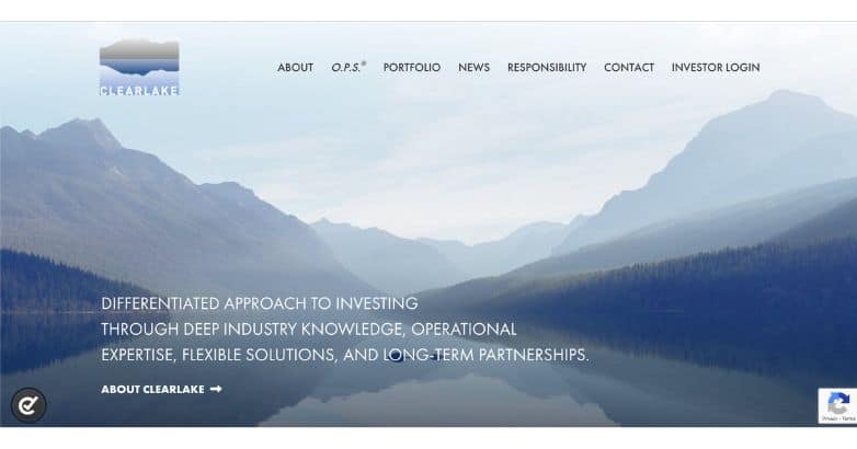 Clearlake Capital Group private equity website featuring a high-tech, futuristic design with a close-up image of advanced technology components