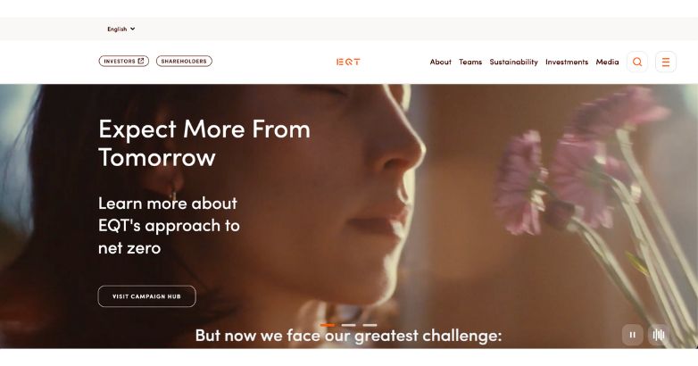 EQT AB Group website design features language settings for English and Swedish.