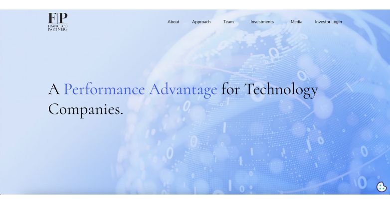 Francisco Partners private equity website with a sleek, digital-themed background featuring abstract data visualizations and a striking blue gradient text