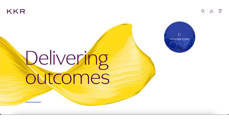 KKR website showcasing a bold headline 'Delivering outcomes' with abstract yellow graphic.