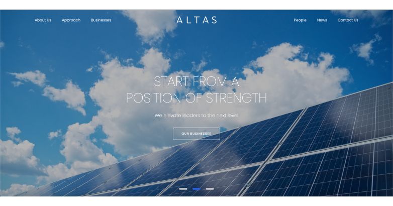 Altas Partners Private Equity Website Design displaying solar panels under a vibrant blue sky with the text "Start from a Position of Strength.