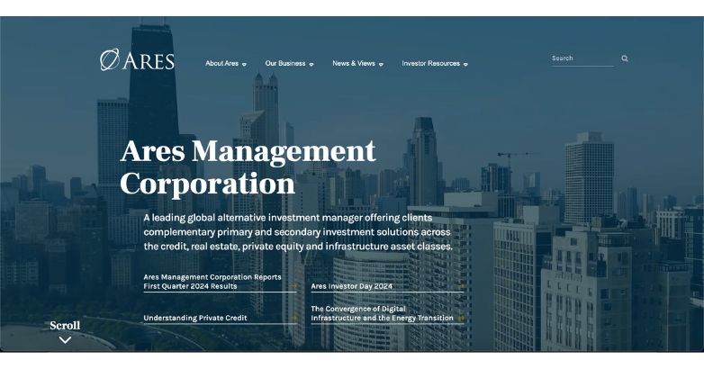 Ares Management Private Equity Website Design presenting a corporate overview with the text "Ares Management Corporation