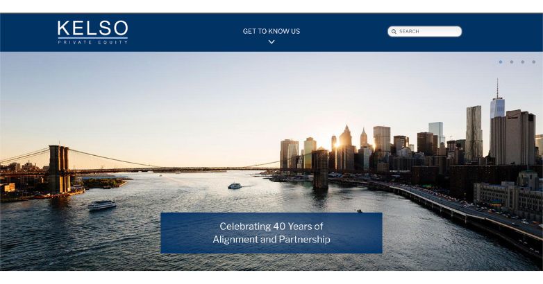 Kelso & Company website with New York City skyline at sunset.