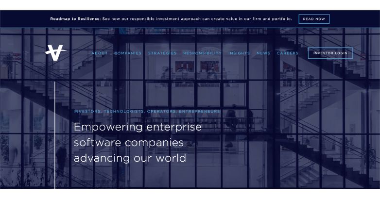 Vista Equity Partners website homepage showcasing social links, mailing list signup, and a captivating video.