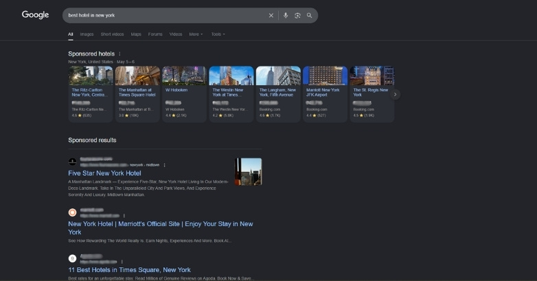 Google search results showing hotel ads driving visibility and bookings