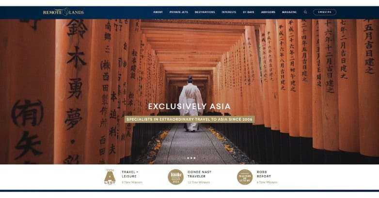 Remote Lands travel website featuring luxury Asia travel destination imagery showcasing the one of the best travel website design